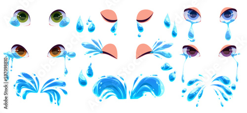 Cartoon comic tear splash and eye vector icon set. Cry water stream illustration isolated on white background. Despair expression with liquid weeping drawing collection. Grief or pain emoticon concept