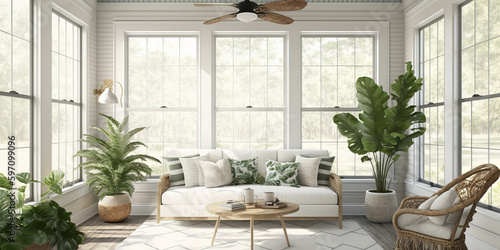 beautiful Bright and airy sunroom with a white wicker sofa  a tropical leaf print. Generative AI