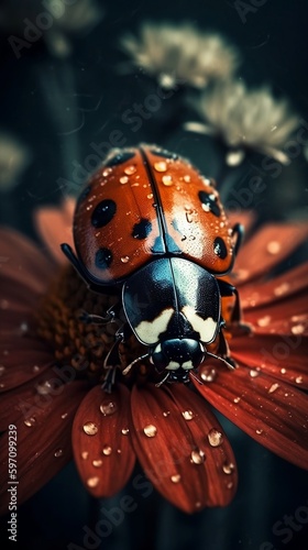 ladybird on a flower, realistic photography, dynamic background, intricate details, rich colors, realistic style, Generative AI