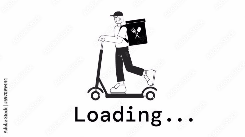 Scooter courier bw loader animation. Fast food delivery guy riding. Flash message 4K video footage. Isolated monochrome loading progress indicator with alpha channel transparency for UI, UX web design Scooter courier bw loader animation. Fast food delivery guy riding. Flash message 4K video footage. Isolated monochrome loading progress indicator with alpha channel transparency for UI, UX web design