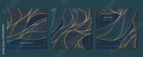 Vector set of abstract luxury golden square cards, post templates for social net, wavy, water modern, art deco wallpaper background. Pattern, texture for print, fabric, packaging design