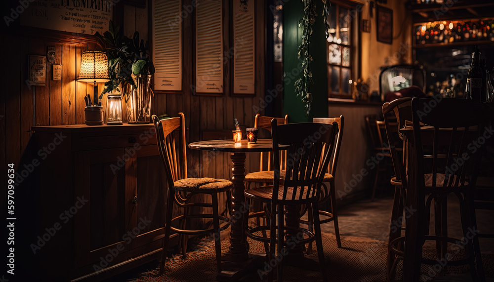 Rustic cafe, wooden furniture with neon lightings. Generative AI