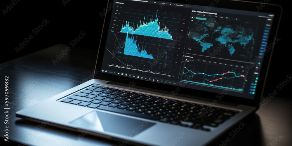 Laptop computer with statistical data panel and graphs. Analytics of economic growth. Planning a marketing business strategy. SEO analytics or profit and earning concept. ai generated Laptop computer with statistical data panel and graphs. Analytics of economic growth. Planning a marketing business strategy. SEO analytics or profit and earning concept. ai generated