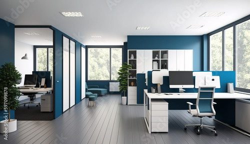 Beautiful modern open space office interior, Generative AI © lali
