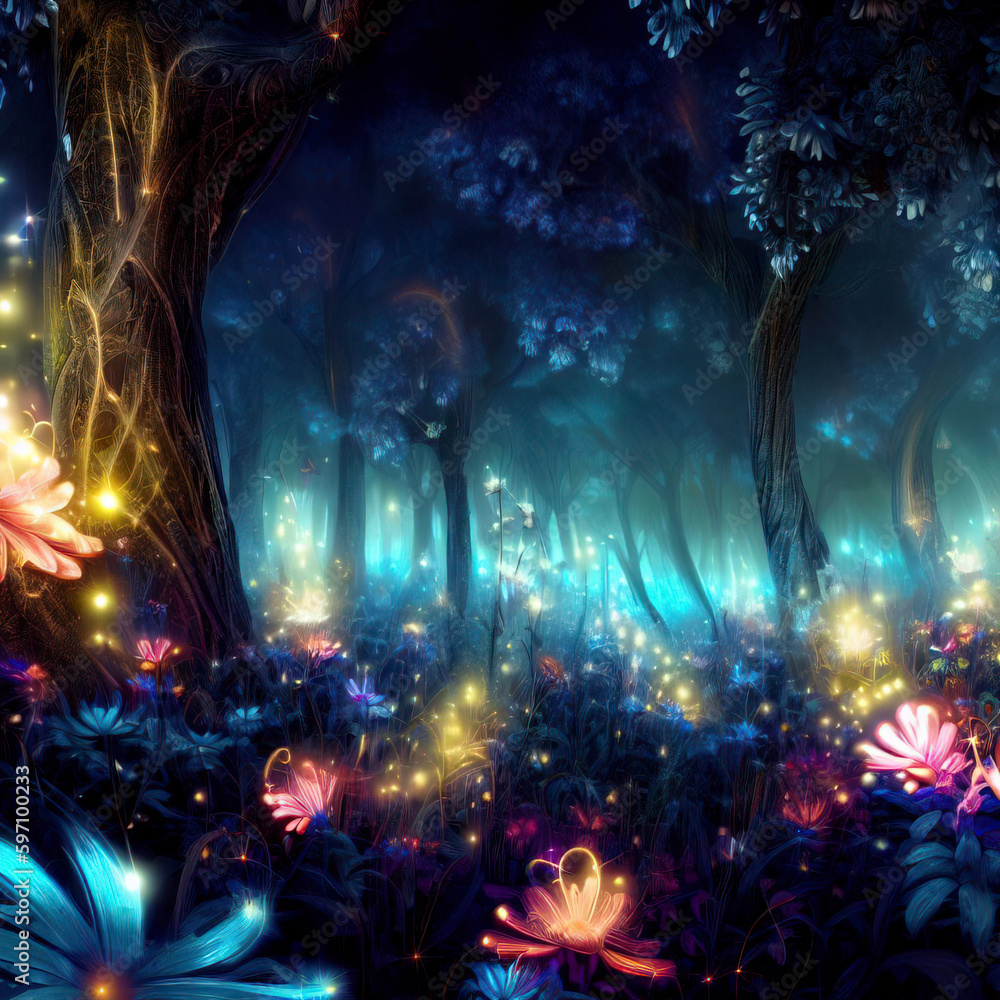 Fantasy forest, magic luminous flowers in fairytale wood, Surreal mystical fantasy artwork. Generative AI