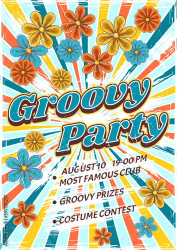 Groovy vertical poster for party event. Layout with copy space, flying chamomiles, rays, beams from the center. Retro 70s style. Grunge texture with scuff, scratchses. Bright vintage illustration