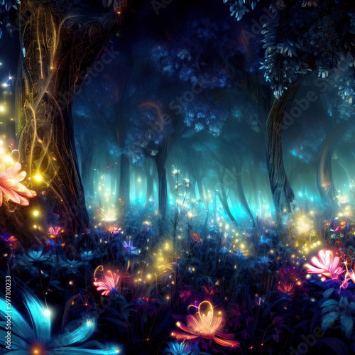 Fantasy forest, magic luminous flowers in fairytale wood, Surreal mystical fantasy artwork. Generative AI