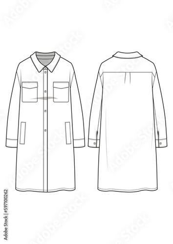 shirt tunic dress with patch pocket fashion technical drawing / flat sketch /CAD / ADOBE Illustrator vector digital download 