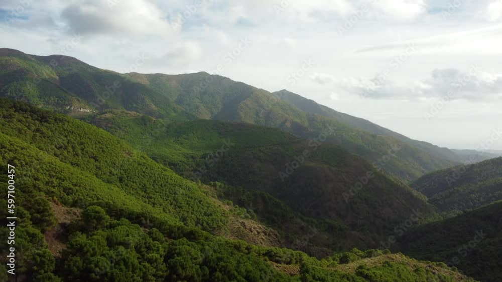 Iconic Spain landscape of mountains and forest, cinematic aerial view Iconic Spain landscape of mountains and forest, cinematic aerial view
