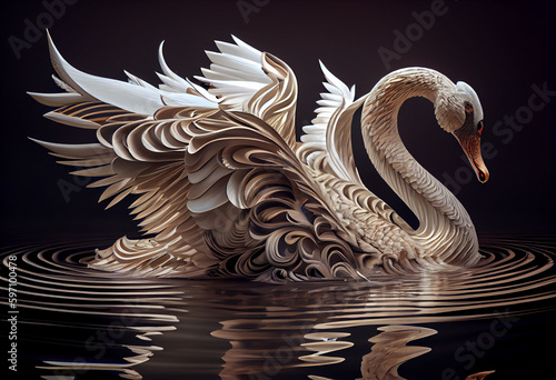 Fototapeta Naklejka Na Ścianę i Meble -  A graceful swan with wings gracefully spread, gliding across a serene lake. Generative AI technology.