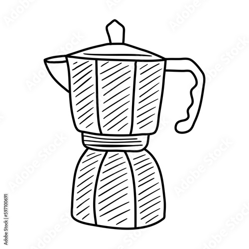 Italian coffee maker or moka pot, espresso machine, mocha express. Hand drawn vector illustration isolated over white.