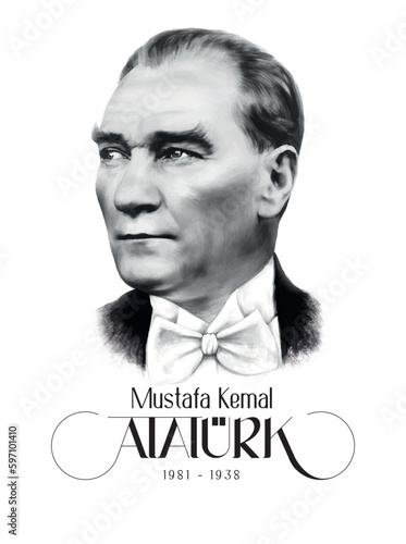 Mustafa Kemal Atatürk portrait, vector design (1881-1938), founder and first president of the Republic of Turkey. photo