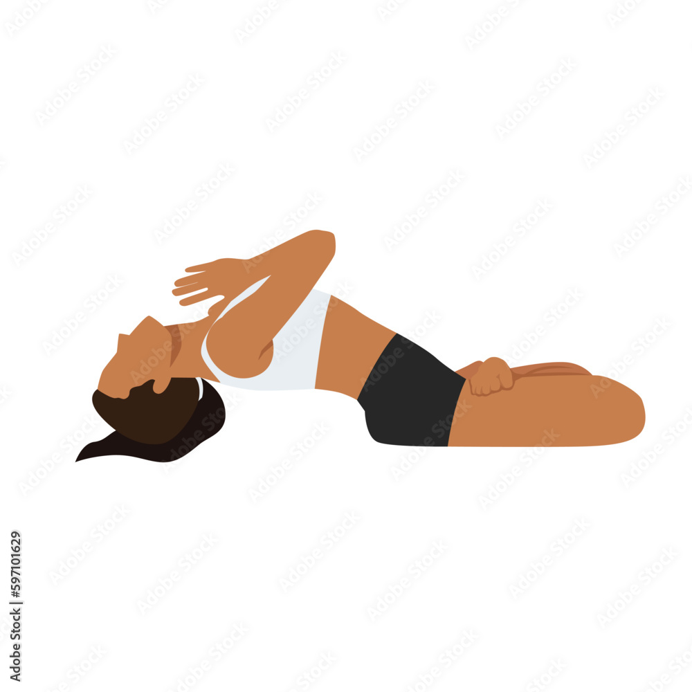 Woman doing Fish Pose Lotus legs and namaste hands. Beautiful girl practice Matsyasana Variation Padmasana Elbows. Flat vector Woman doing Fish Pose Lotus legs and namaste hands. Beautiful girl practice Matsyasana Variation Padmasana Elbows. Flat vector