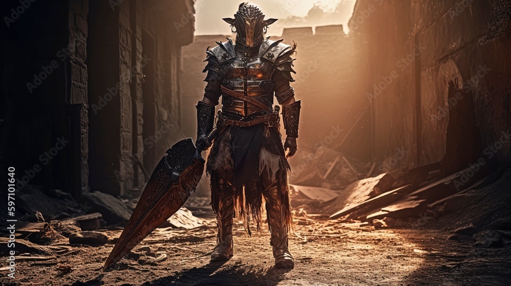 Fototapeta premium Fierce Warrior Amidst Ruins, Flaming Sword, Battle-Worn Armor, Fantasy Studio Portrait, 8K Resolution. Generative AI