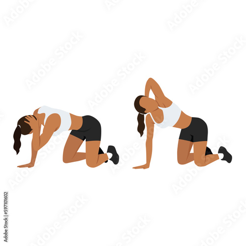 Woman doing exercise in thoracic rotation pose or quadruped rotation. Flat vector