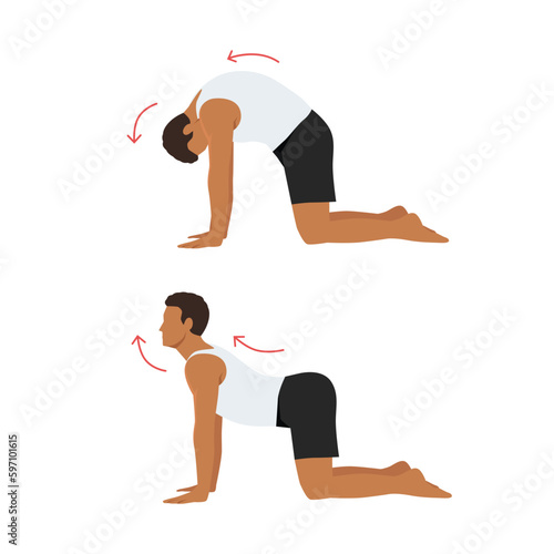 Man doing Yoga. cat cow pose stretch exercise. Flat vector