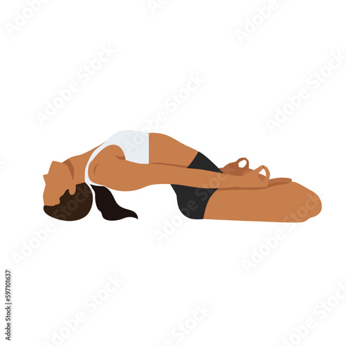Woman doing Half lotus easy Fish Pose Variation. Beautiful girl practice Matsyasana Variation