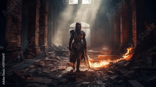 Fierce Warrior Amidst Ruins, Flaming Sword, Battle-Worn Armor, Fantasy Studio Portrait, 8K Resolution. Generative AI