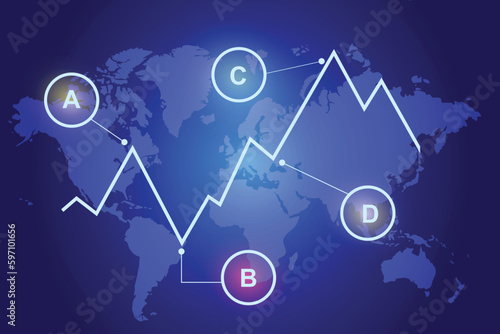 Financial chart with moving up arrow graph and world map on blue color background. vector