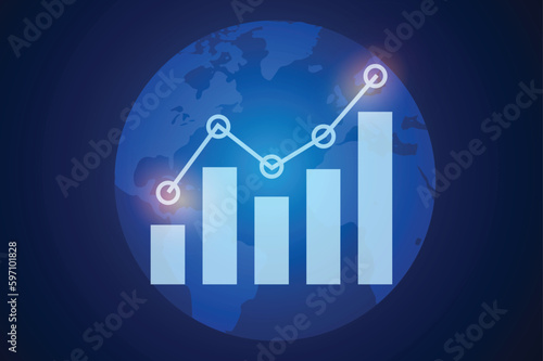 chart candlestick nalysis concept. graph and world map on blue color background. 