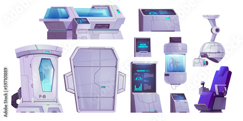 Cryogenic capsules from futuristic science laboratory or spaceship. Future space technologies concept with hibernation pods isolated on white background, vector cartoon set