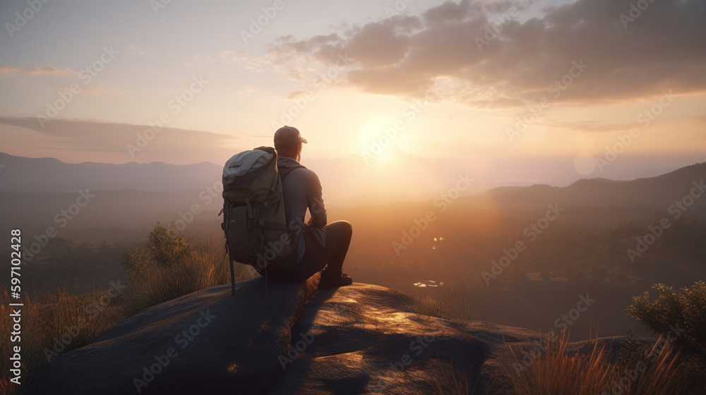 A young man with his backpack looking the natural seen of the sunset by sitting at mountain A young man with his backpack looking the natural seen of the sunset by sitting at mountain