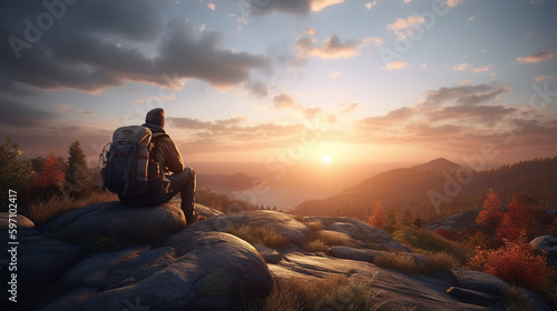 A young man with his backpack looking the natural seen of the sunset by sitting at mountain