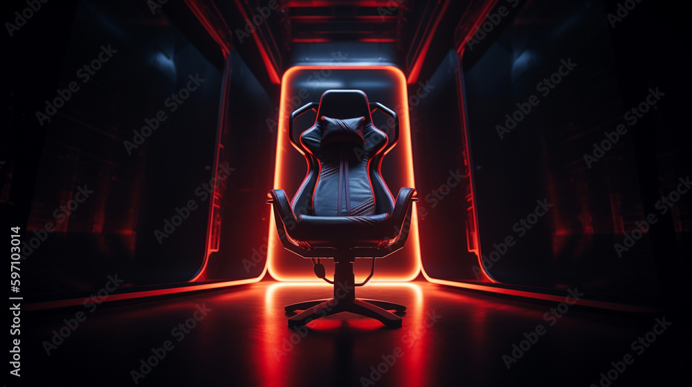 A model of a red gaming chair isolated on abstract neon background