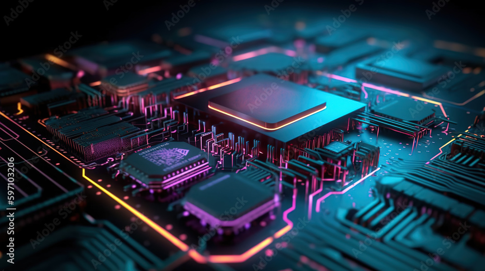 Abstract Computer Circuit Cyberspace Design with Neon Lighting - Generative AI Abstract Computer Circuit Cyberspace Design with Neon Lighting - Generative AI