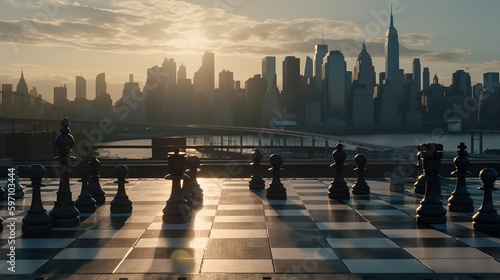 Chess game fight business with the city in the background - Generative AI