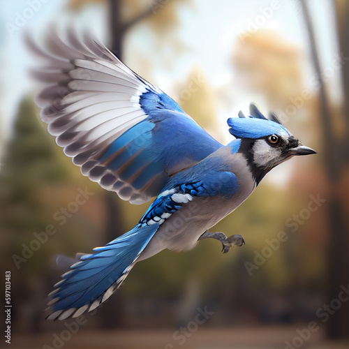 Canvas Print Blue jay flying | Blue jay bird in the sky | Generative AI | Hyper realistic | P