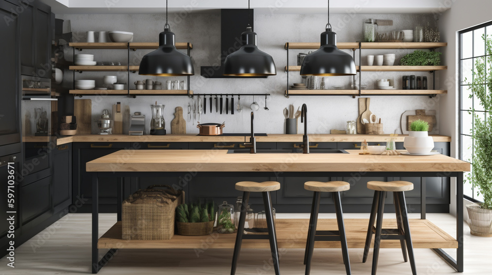 Interior of modern kitchen with wooden countertop and black cupboard