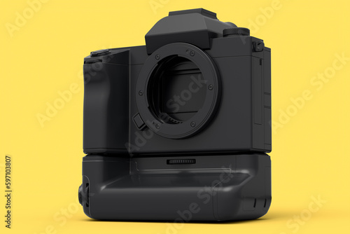 Concept of nonexistent gold DSLR camera isolated on yellow monochrome background