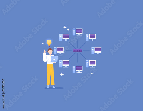 Network Engineer. an IT staff creates network design, Performs installation and configuration, and Network monitoring. star topology. jobs and professions. illustration concept design. vector elements