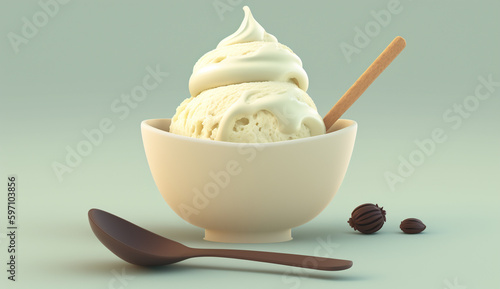 Vanilla flavor ice cream in a bowl. 3D illustration.