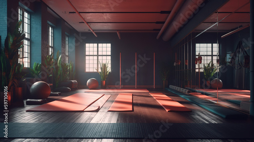 Modern yoga gym interior with unrolled yoga mats equipment - Generative AI