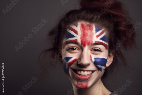 Portrait of a happy woman with her face painted in Union jack Great britain flag. Generative ai