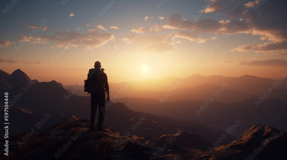 Silhouette of a man with a backpack standing on the top of a mountain and looking at the sunrise
