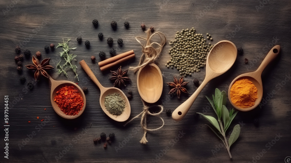 Wooden spoon and ingredients fresh spices on old black wooden table background - Generative AI