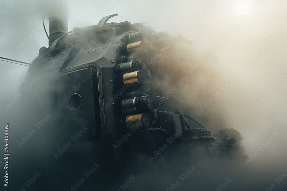 Futuristic machinery releasing mist or smog. Generative AI