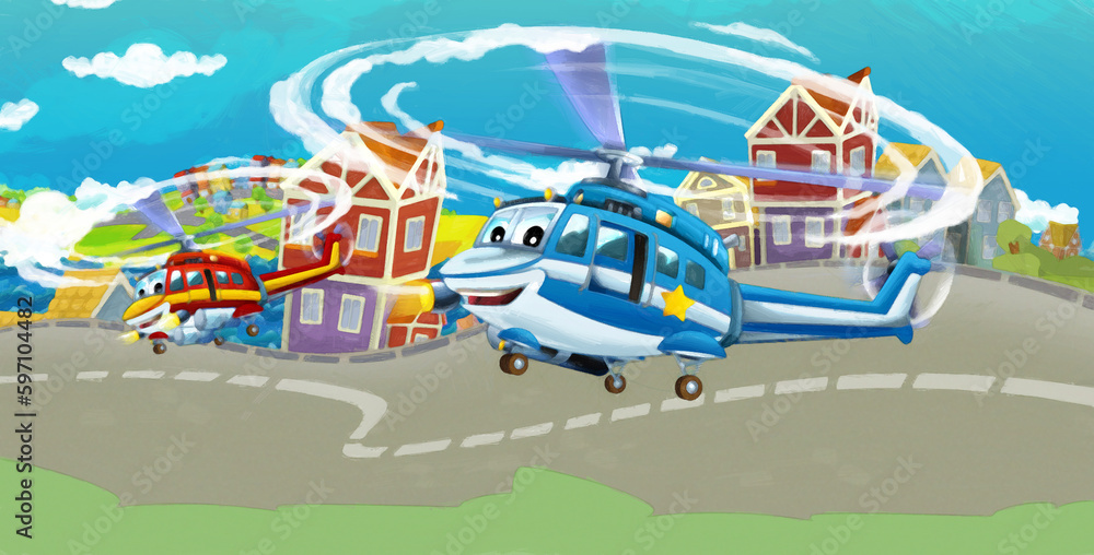 cartoon happy scene with helicopter flying in city
