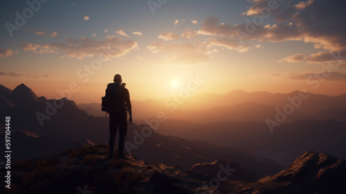 Silhouette of a man with a backpack standing on the top of a mountain and looking at the sunrise © Sufyan