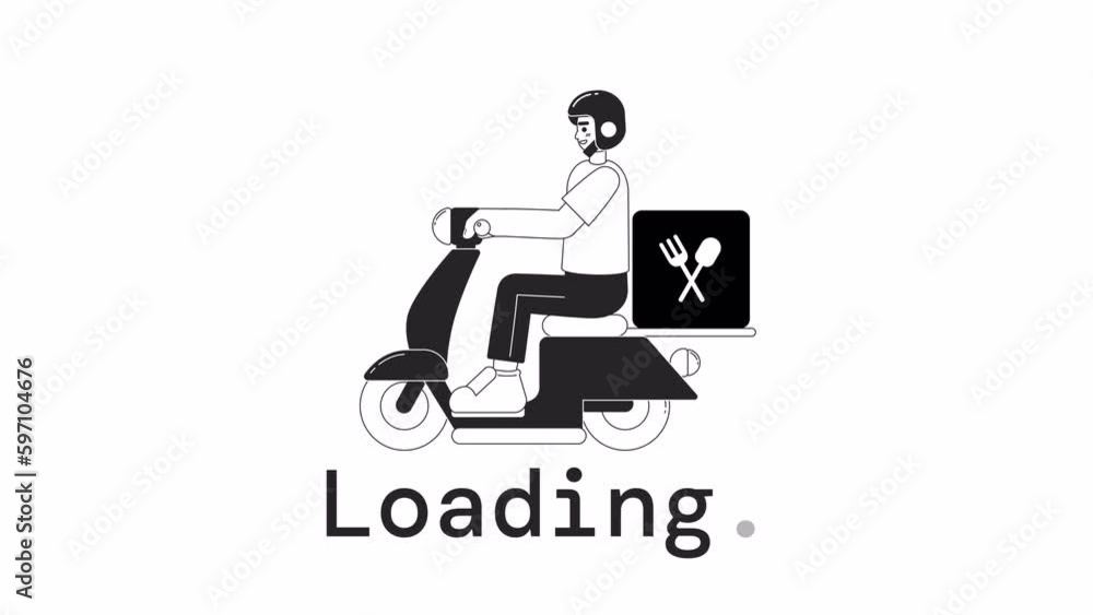 Deliver on moped bw loader animation. Meal kit courier driving. Flash message 4K video footage. Isolated monochrome loading progress indicator with alpha channel transparency for UI, UX web design Deliver on moped bw loader animation. Meal kit courier driving. Flash message 4K video footage. Isolated monochrome loading progress indicator with alpha channel transparency for UI, UX web design