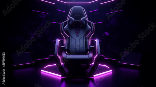 3D rendering of a black chair in a dark room with purple neon lights