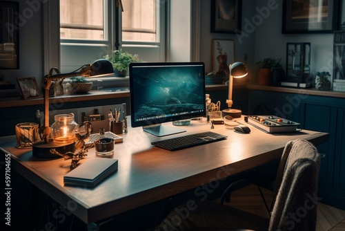 Work desk in residential workspace. Generative AI