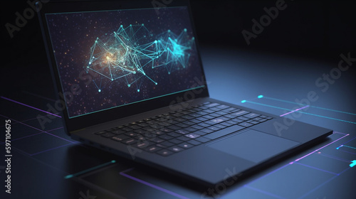 Close-up shot of laptop with technology lines on the screen 3D rendering