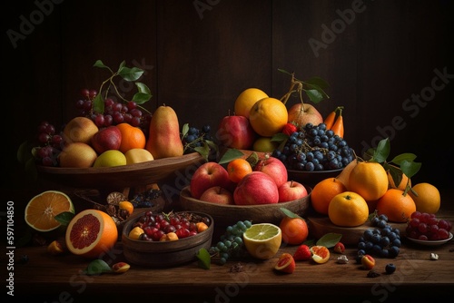 A composition of various fruits arranged for artistic representation. Generative AI