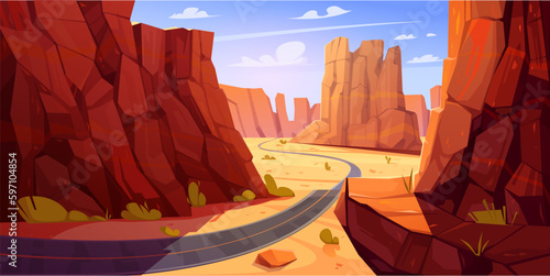 Grand canyon vector landscape illustration. Arizona national park desert with rock mountain and road traffic. Wild outdoor western gorge and unbelievable journey in US landmark with arid terrain