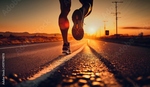 Runner athlete running on road at beautiful sunset. woman fitness jogging workout wellness concept.