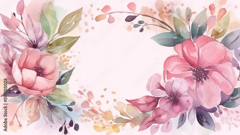 Watercolor floral background with place for text. Watercolor painting. Greeting card design, birthday, mother's day, wedding, etc. AI generated. - obrazy, fototapety, plakaty 